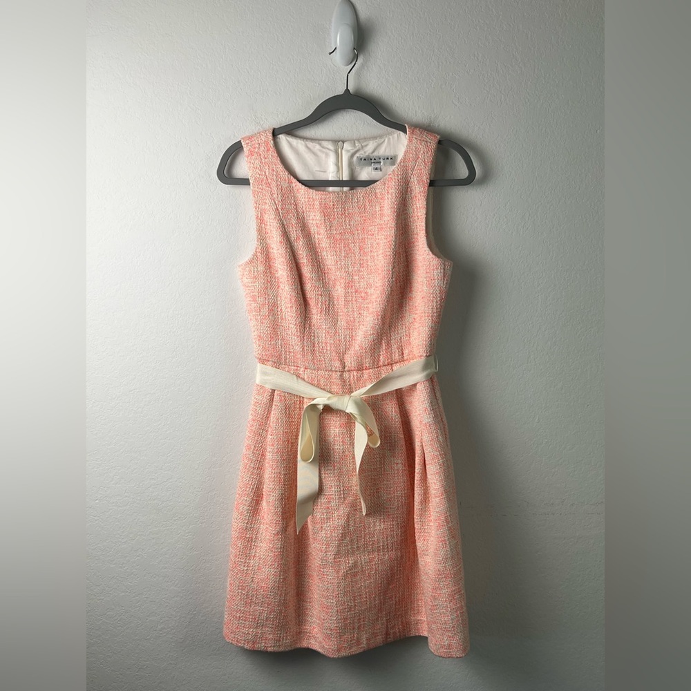 Trina Turk Pink & Cream Tweed Sleeveless Dress with Ribbon Tie Belt Size 4